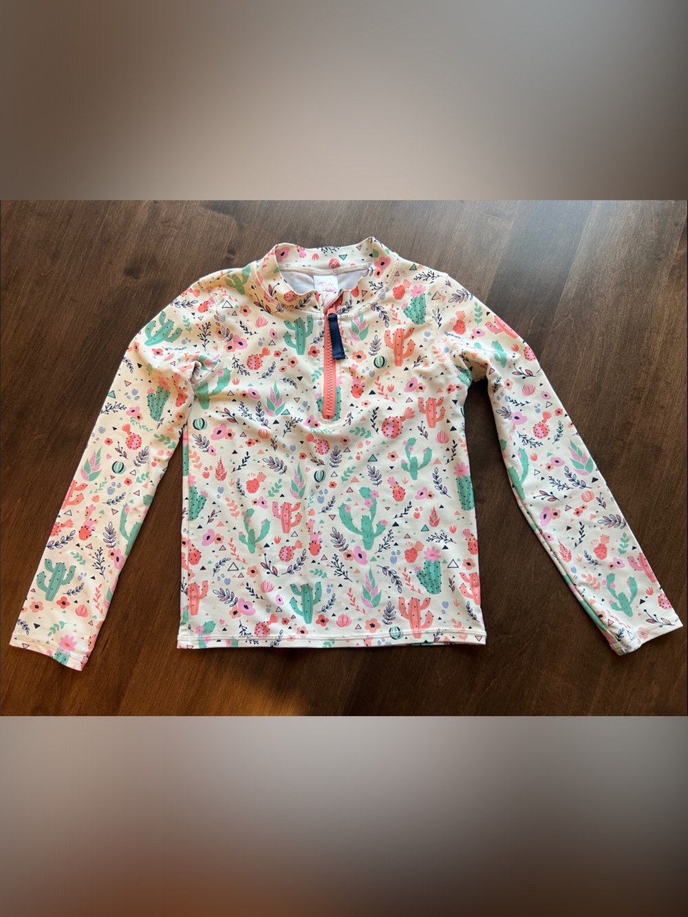 Ruffle Butts Kids Long-Sleeve Rash Guard Swim Top - Pink Floral Cactus Print, 7